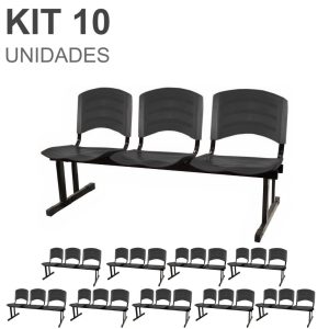 Kit 10 Cadeiras Longarinas PLÁSTICA 03 Lugares - Cor PRETO 33039